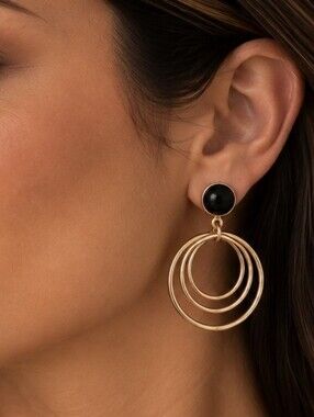 💎 Gold Tone Black Cabochon Triple Circle Dangle Statement Earrings Preowned
